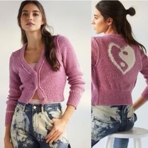 Anthropologie Pilcro lcon Yin Yang Heart Pink Cropped Knit Cardigan Size S